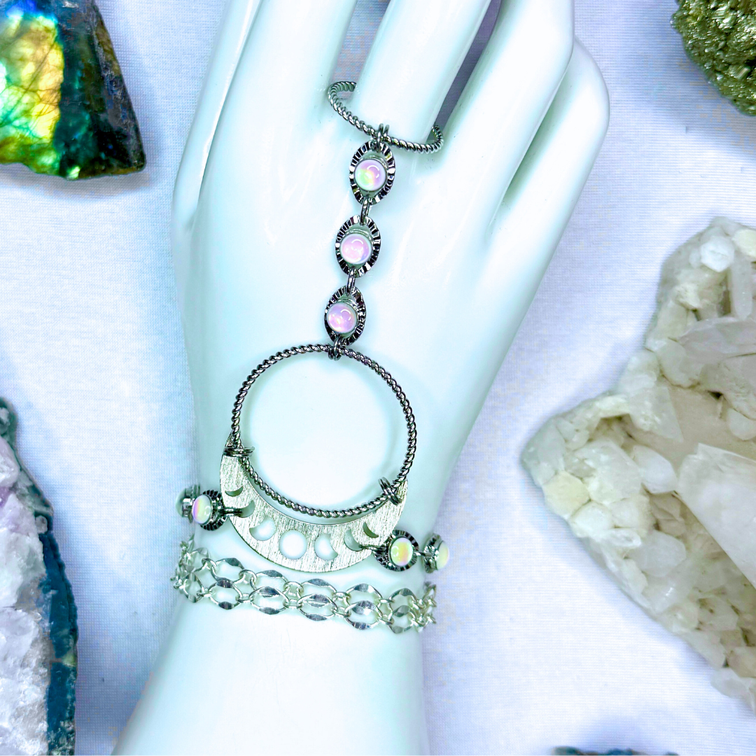 Mother of Pearl Silver Moon Hand Chain Duo