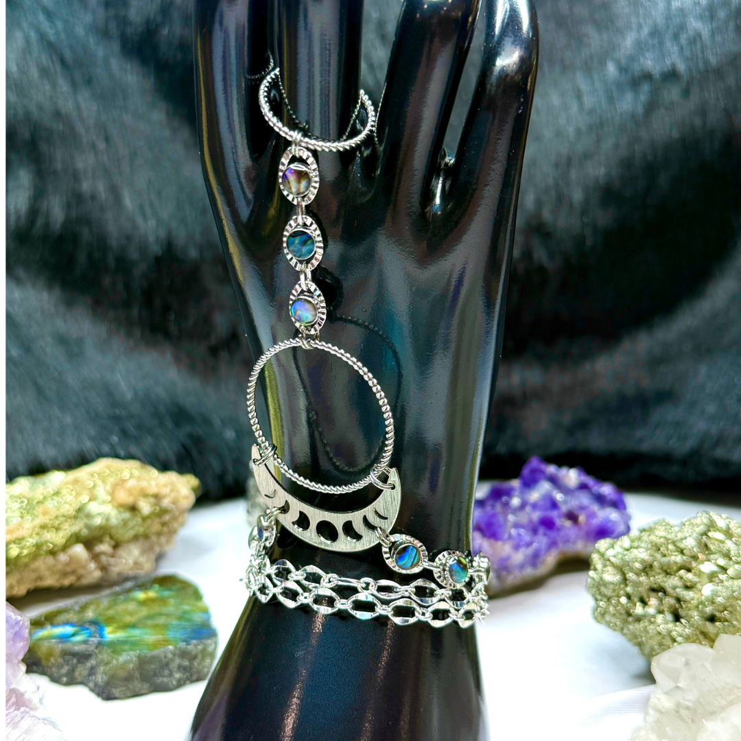 Abalone Shell Silver Moon Hand Chain Duo