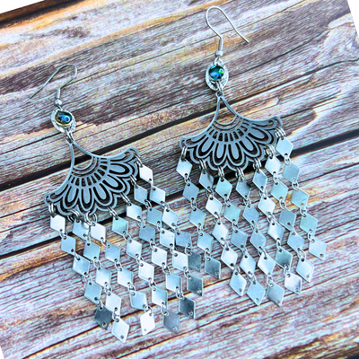 blue shell ginkgo stainless steel fringe earrings