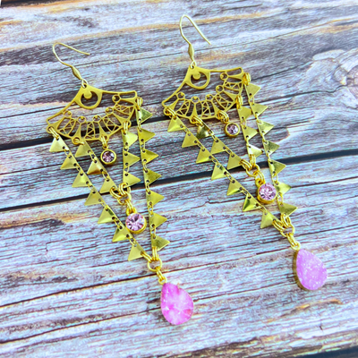 pink geometric triangle druzy chain earrings