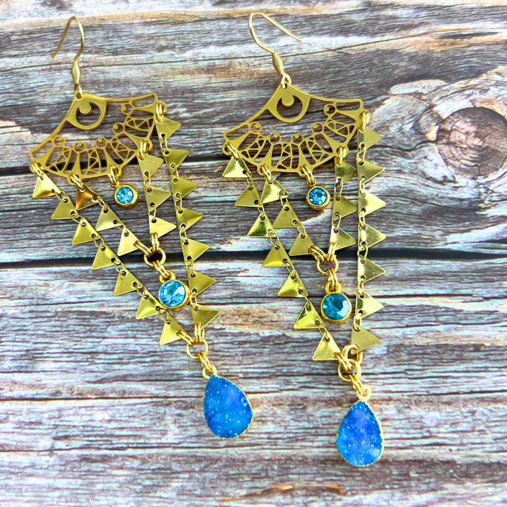 Gold Blue Tassel Earrings
