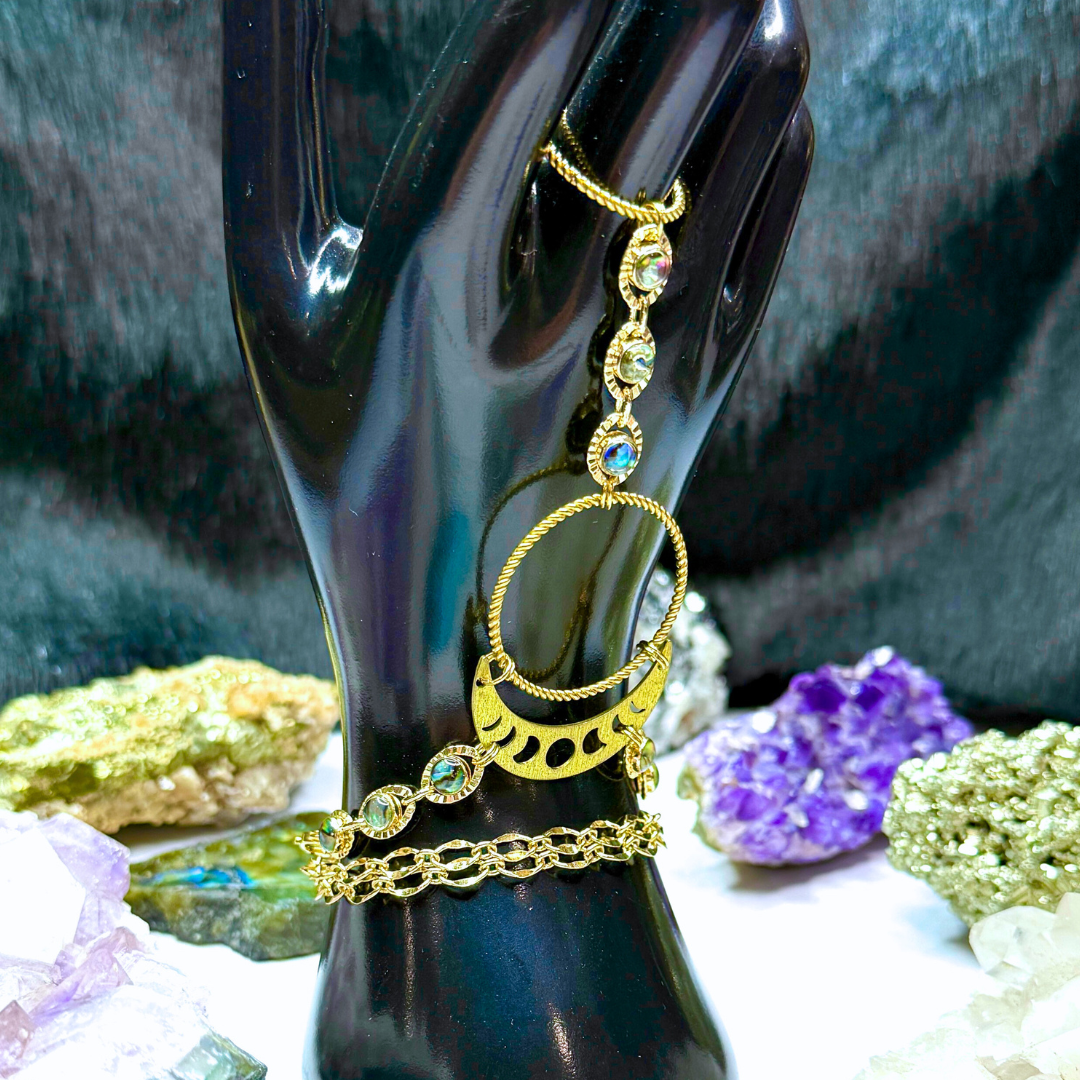 Abalone Shell Gold Moon Hand Chain Duo