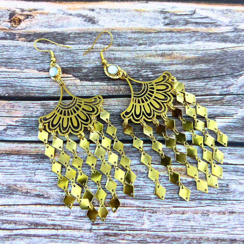 Gold White Ginkgo Fringe Earrings