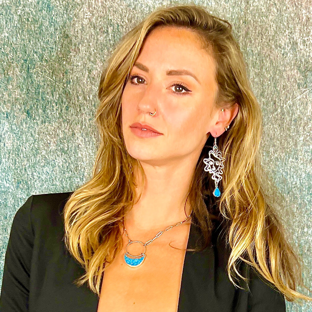 Blue Druzy Crescent Steel Necklace