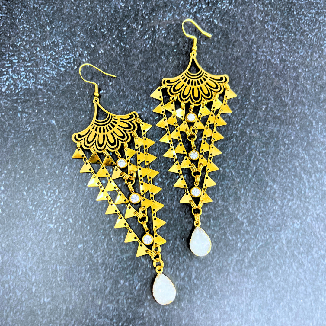 Gold Tassel Crystal Druzy Earrings