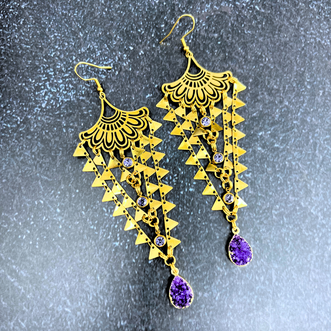 Gold Tassel Crystal Druzy Earrings