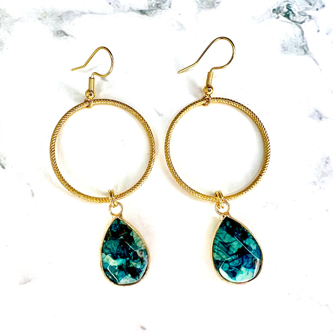 Crazy Blue Agate Small Gold Hoop Earrings