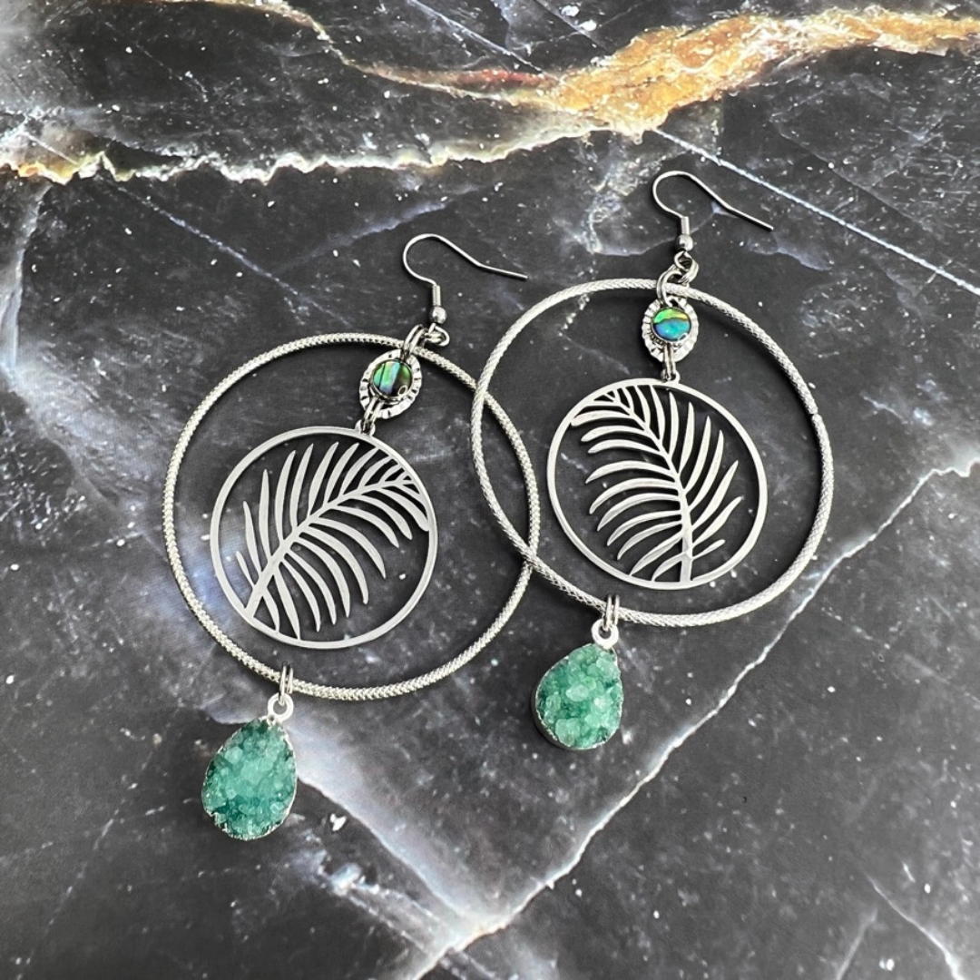 Palm Leaf Shell Druzy Earrings