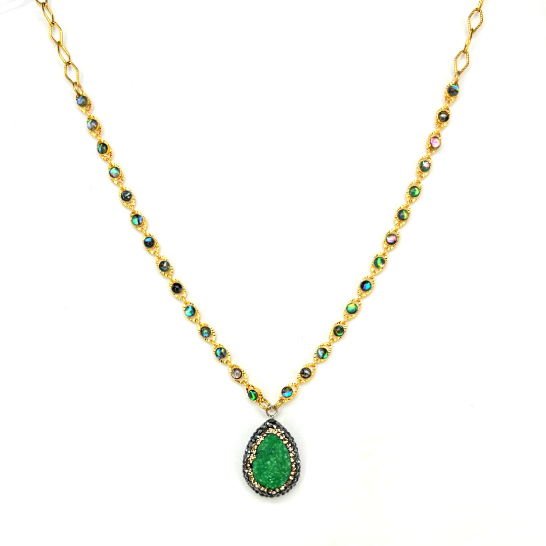 Green Druzy & Crystal Gold Necklace