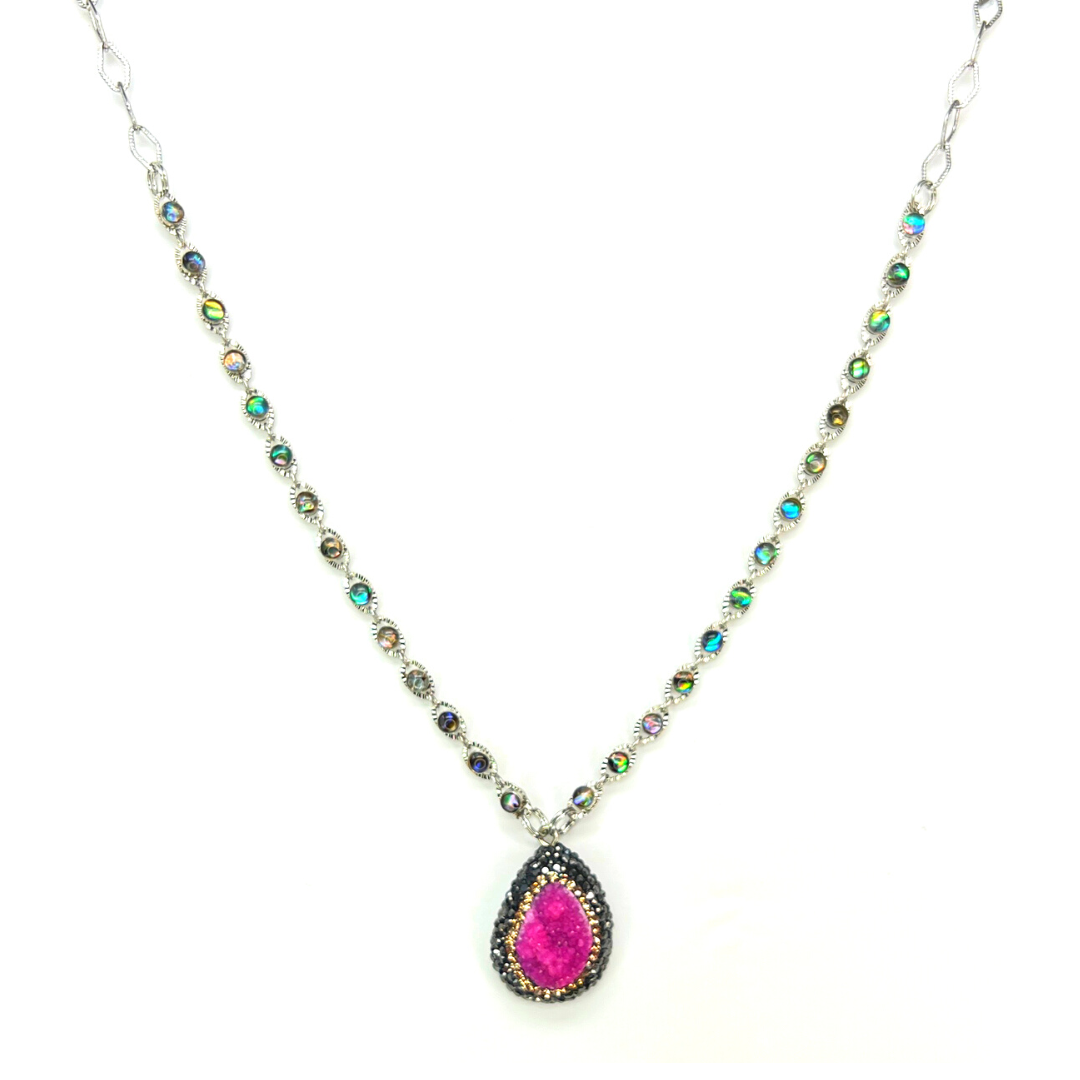 Pink Druzy & Crystal Pave Necklace
