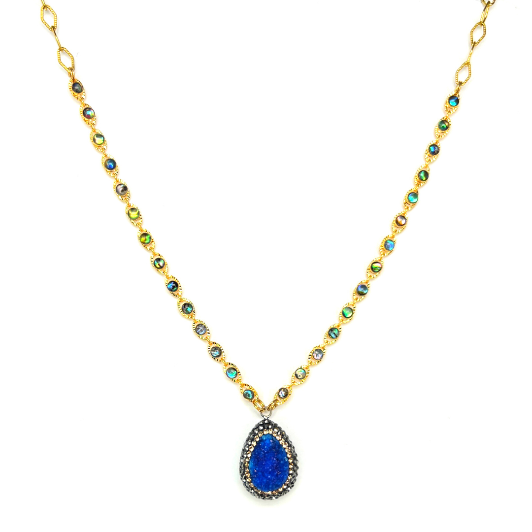 Blue Druzy & Crystal Gold Necklace