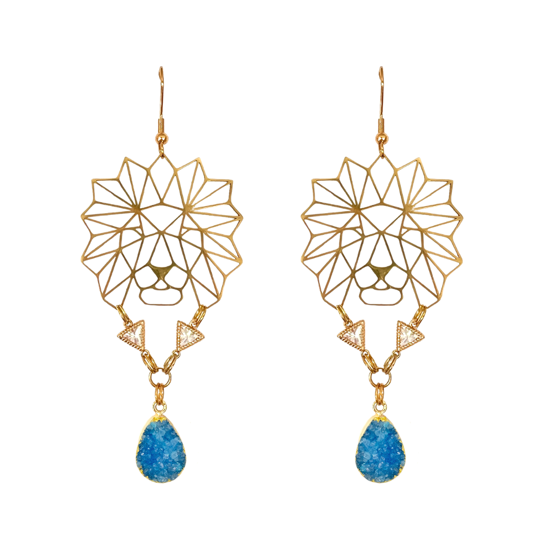Fierce Lion Blue Druzy Earrings