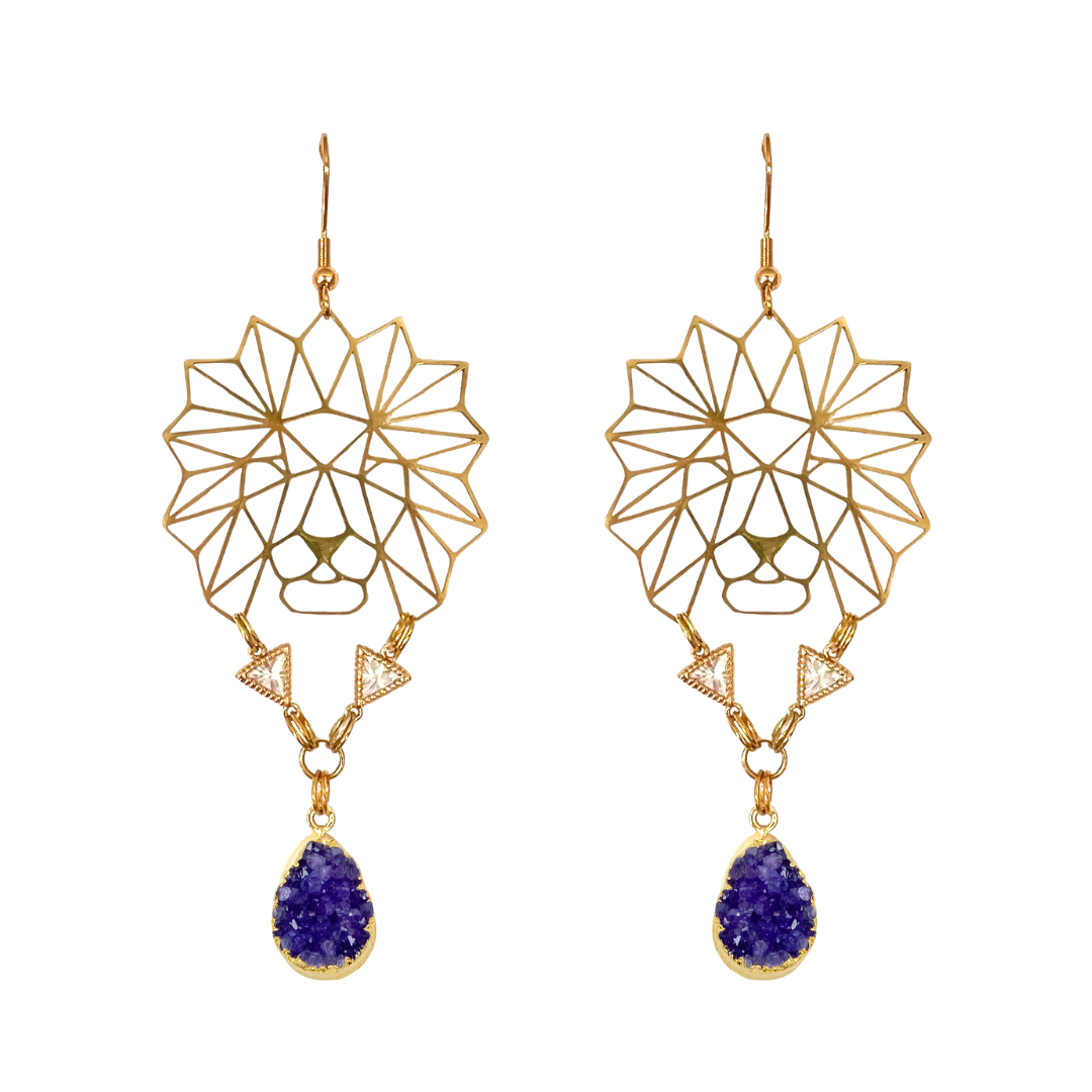 Fierce Lion Purple Druzy Earrings