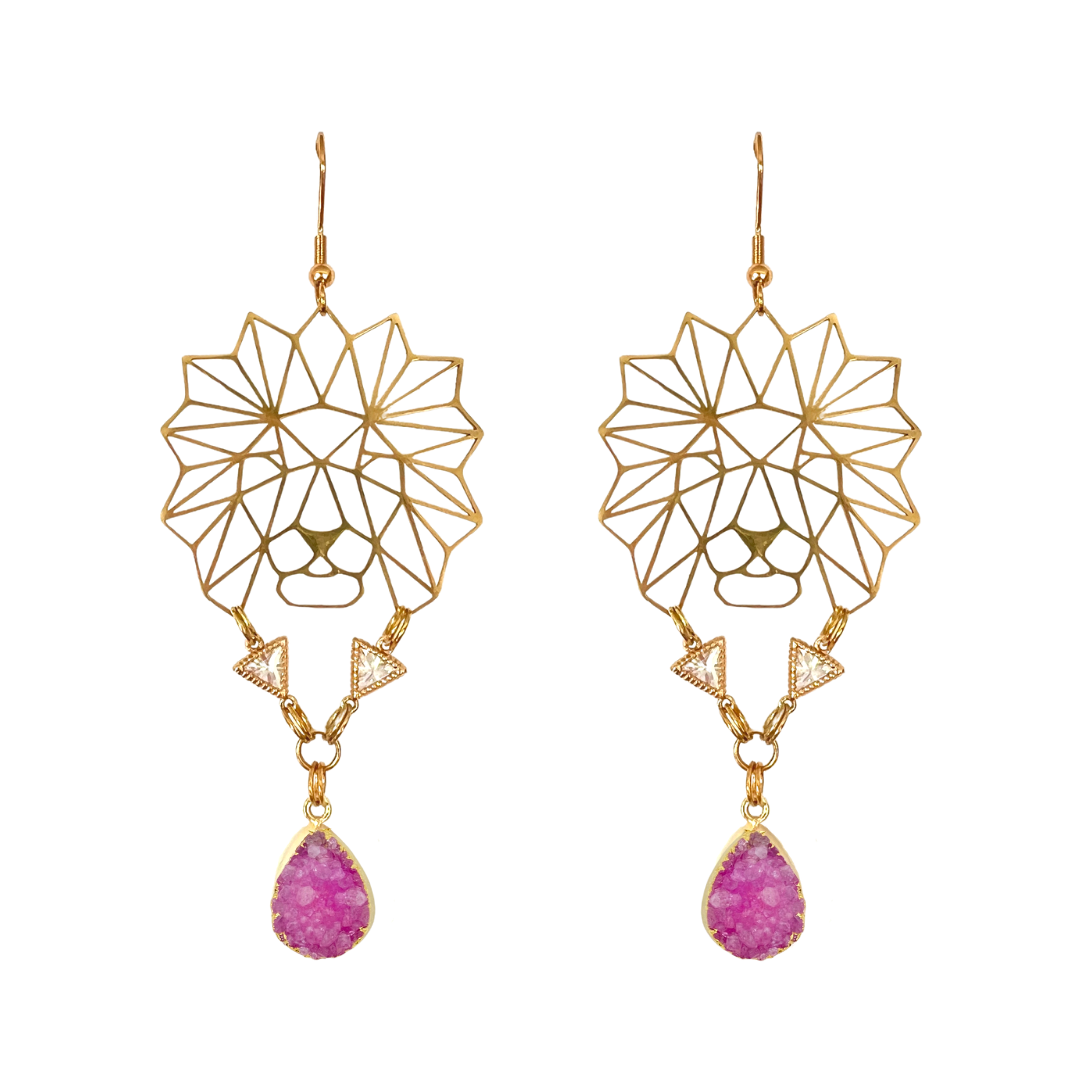 Fierce Lion Pink Druzy Earrings