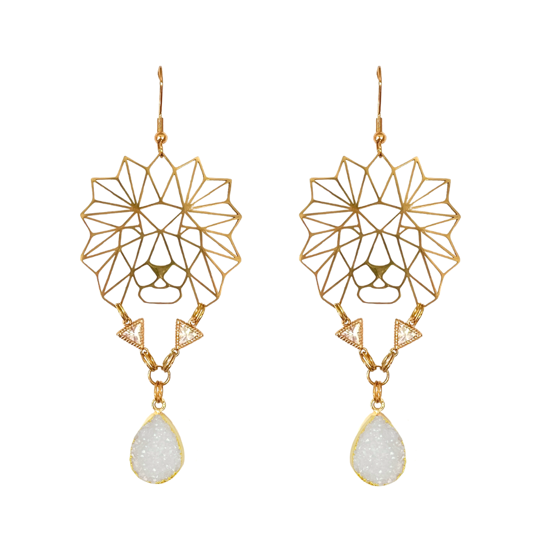 Fierce Lion White Druzy Earrings
