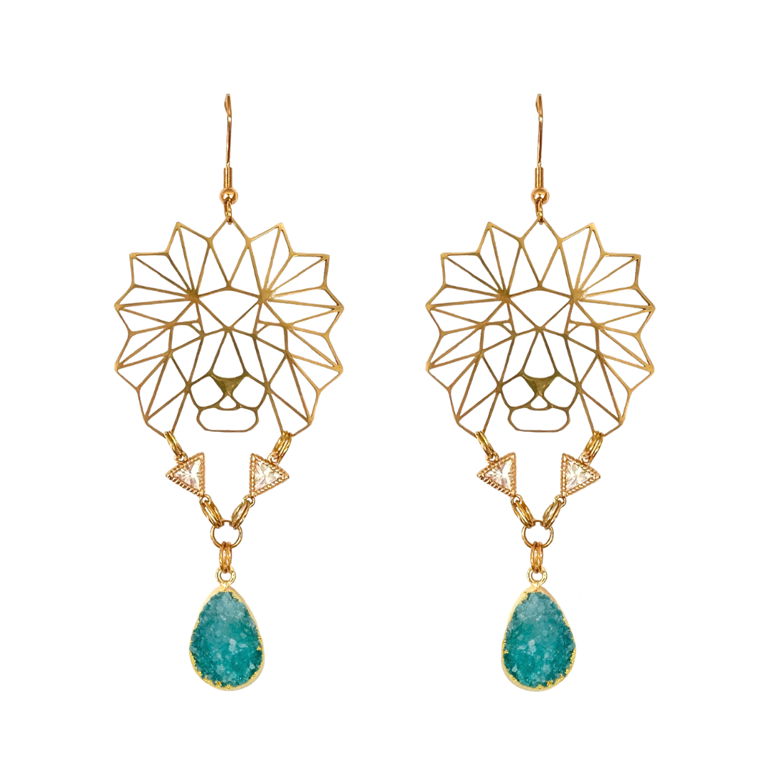 Fierce Lion Green Druzy Earrings