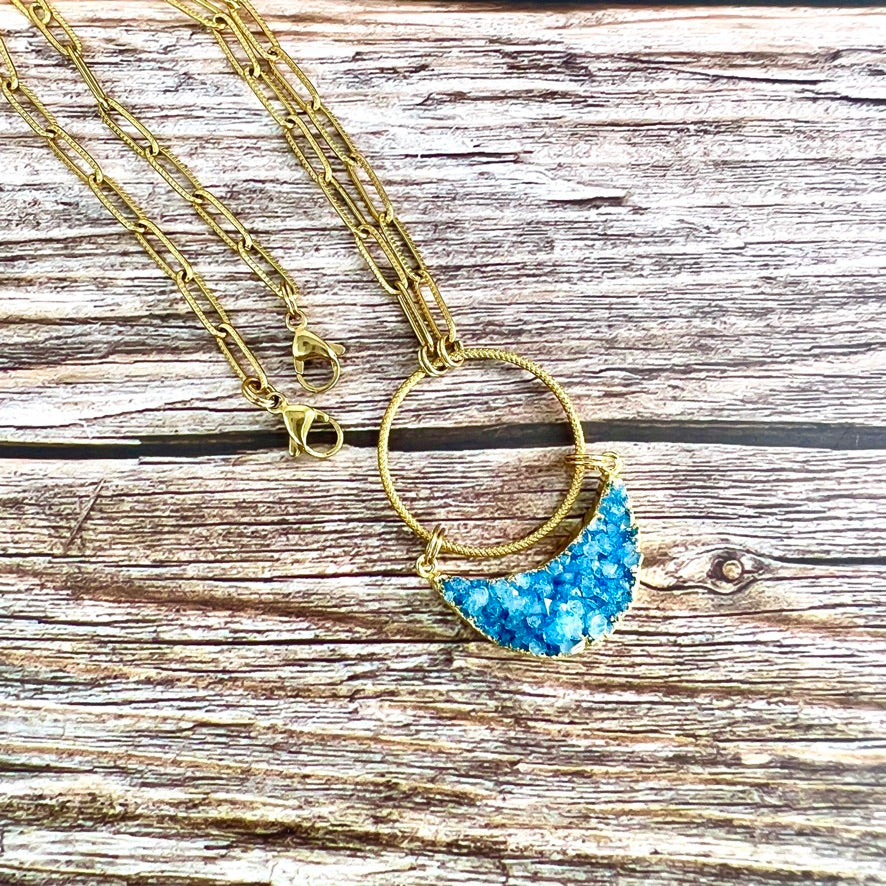 Blue Druzy Crescent Gold Necklace
