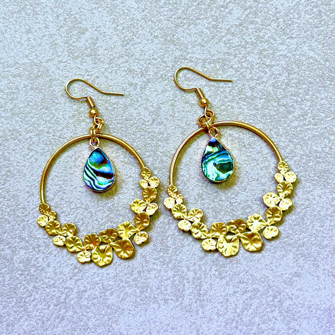 Gold hoop earrings with floral details and abalone shell accents 