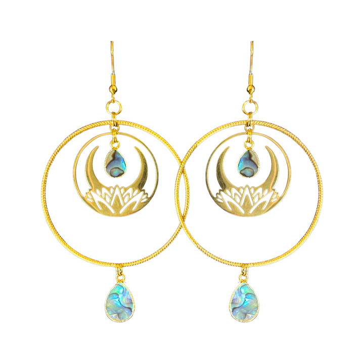Crescent Moon Lotus Hoop Shell Earrings