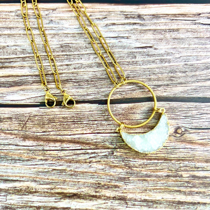 White Druzy Crescent Gold Necklace