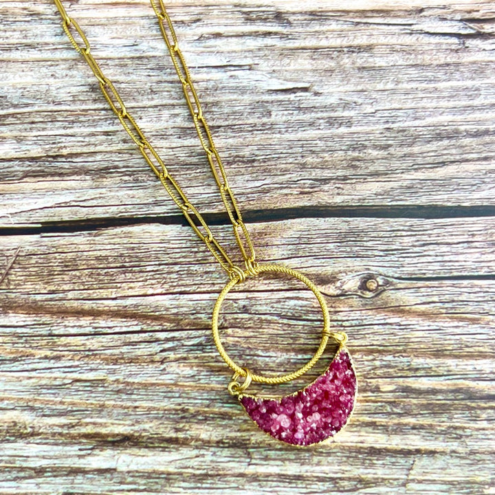 Fuchsia Druzy Crescent Gold Necklace