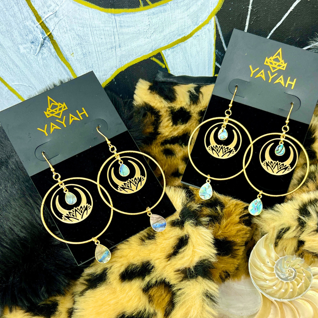 Crescent Moon Lotus Hoop Shell Earrings