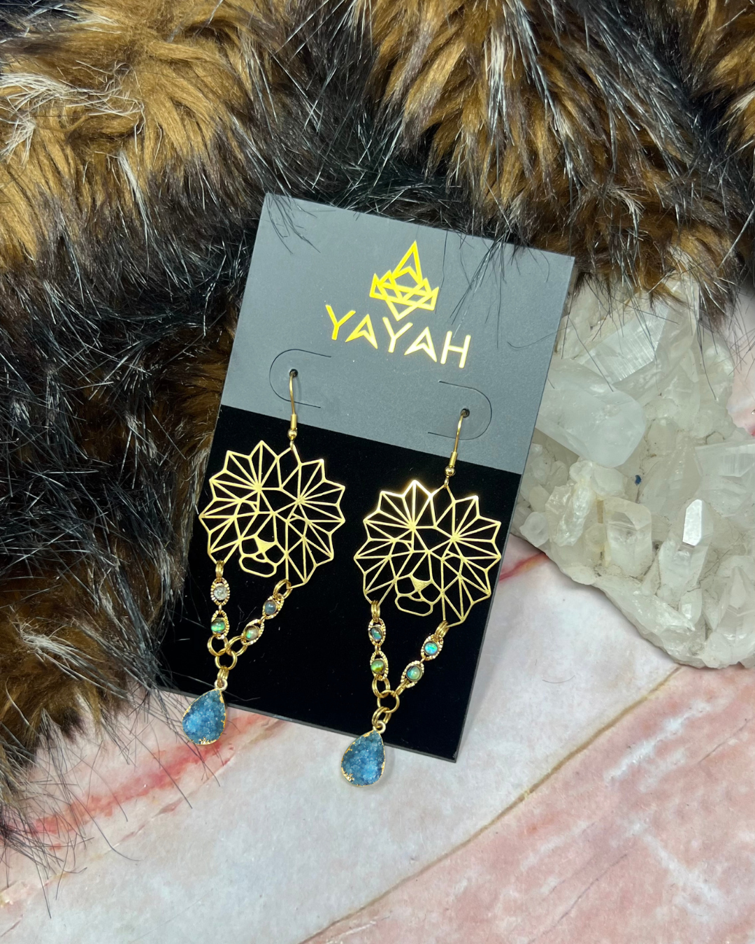 Lion Shell & Blue Druzy Earrings