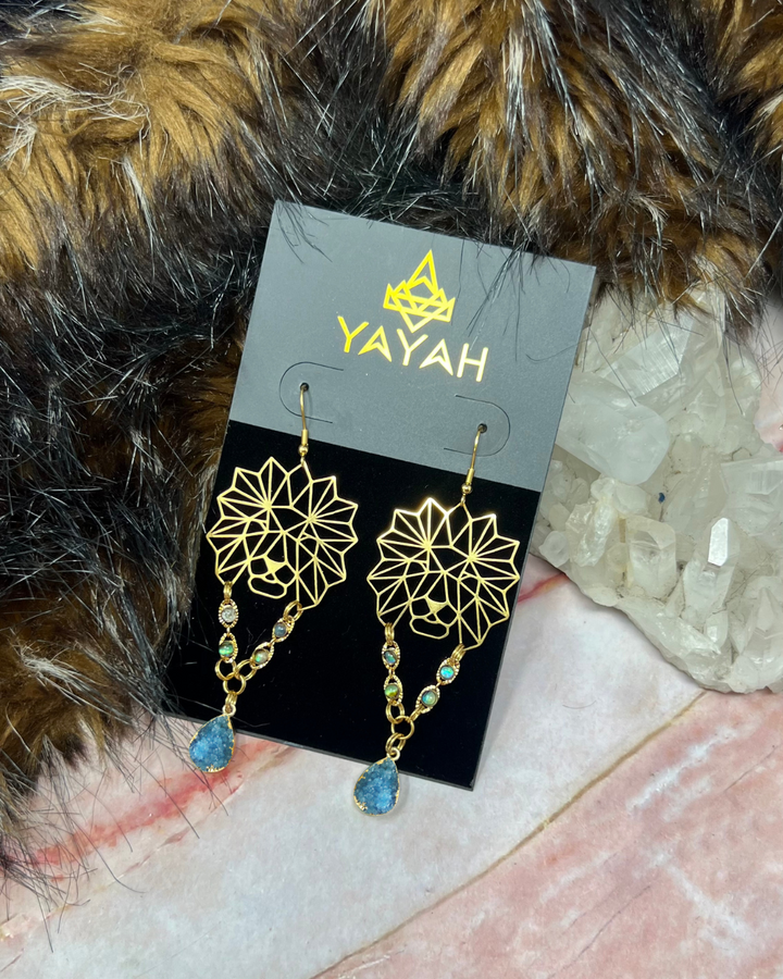 Lion Shell & Blue Druzy Earrings