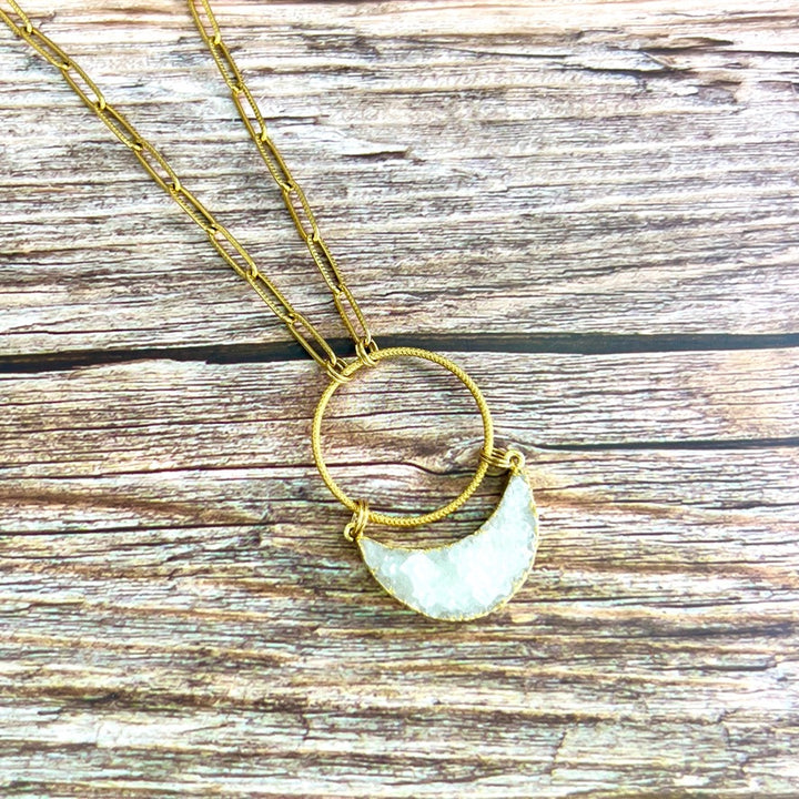 White Druzy Crescent Gold Necklace