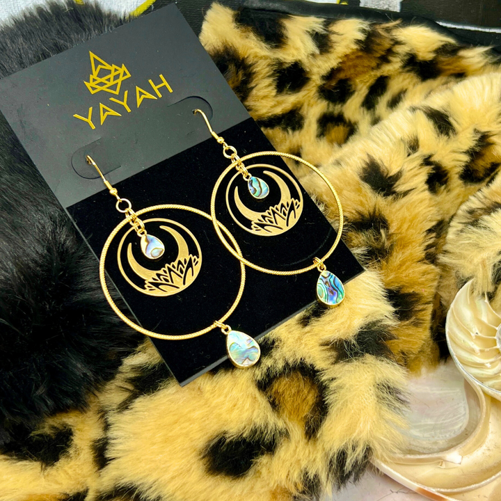 Crescent Moon Lotus Hoop Shell Earrings