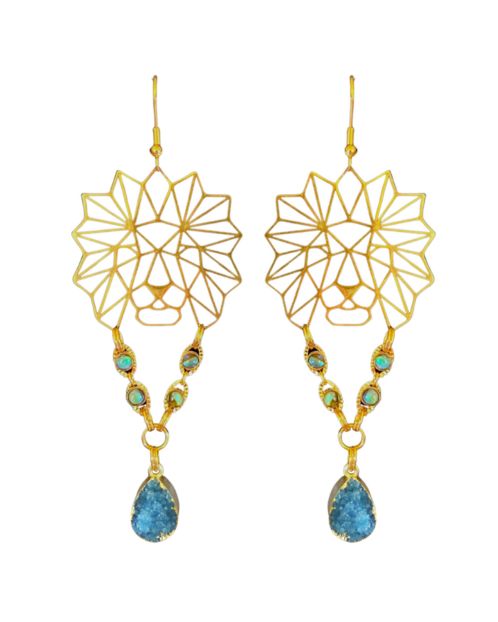 Lion Shell & Blue Druzy Earrings