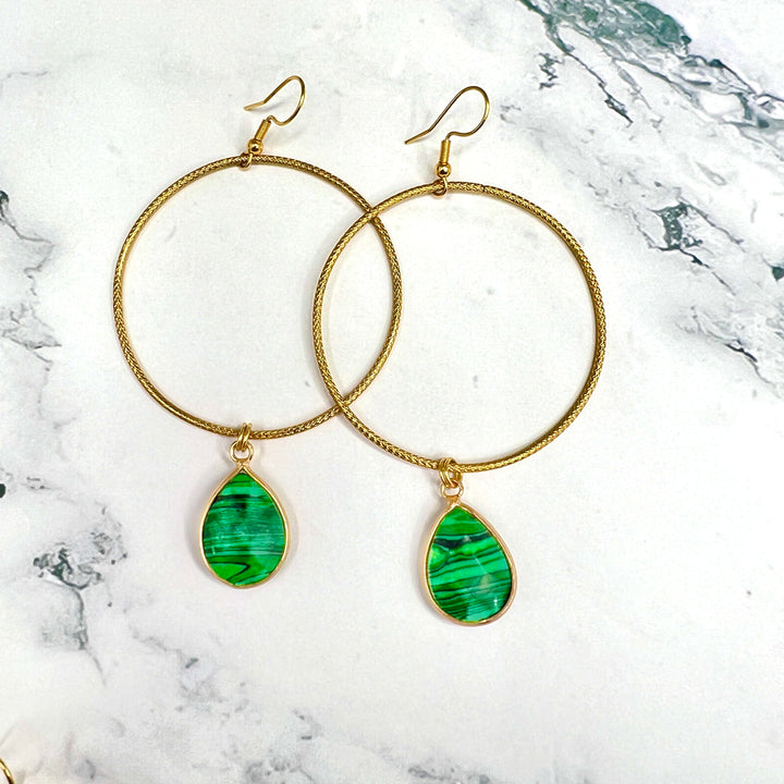 Large Malachite Gold Hoop Earrings