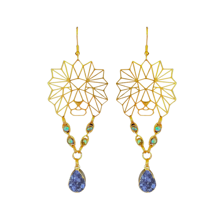 Fierce Lion Shell & Blue Druzy Earrings
