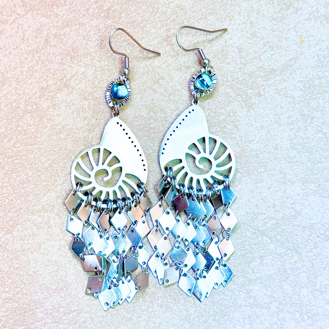 stainless steel fringe earrings with shell accents