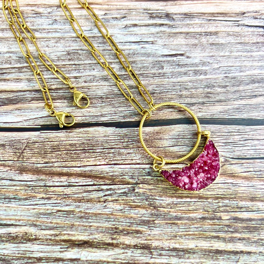 Fuchsia Druzy Crescent Gold Necklace