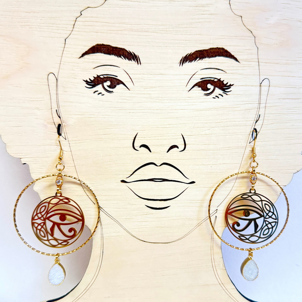 18K gold plated eye of horus large hoop earrings with druzy quartz stones and zircon