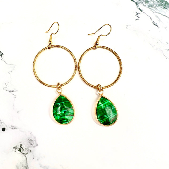 Small Malachite Gold Hoop Earrings