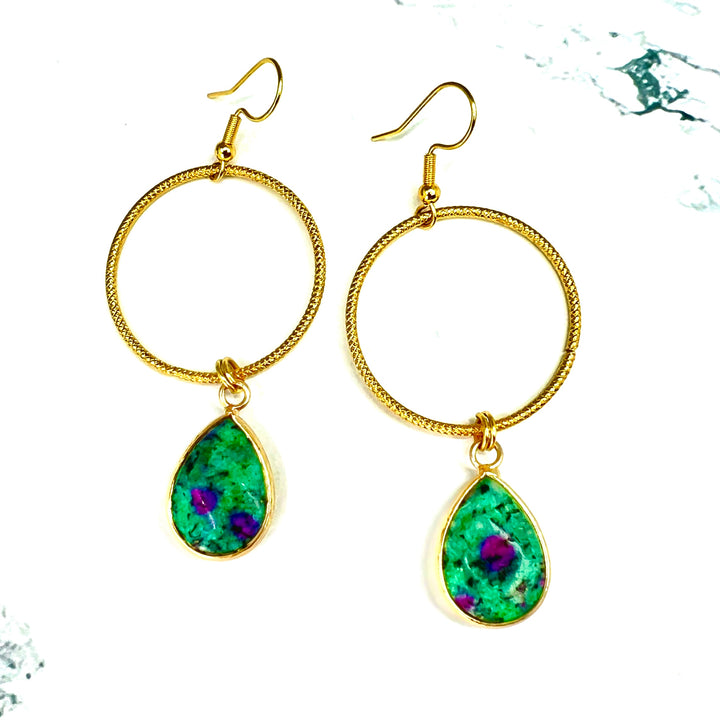 Ruby in Zoisite Small Gold Hoop Earrings