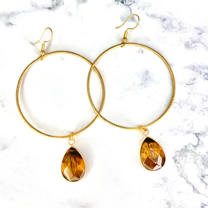Tigers Eye Large Gold Hoop Earrings