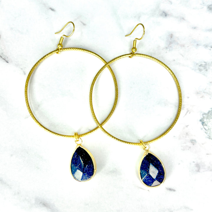 Midnight Stone Large Gold Hoop Earrings