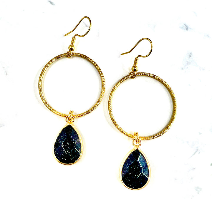 Midnight Stone Small Gold Hoop Earrings
