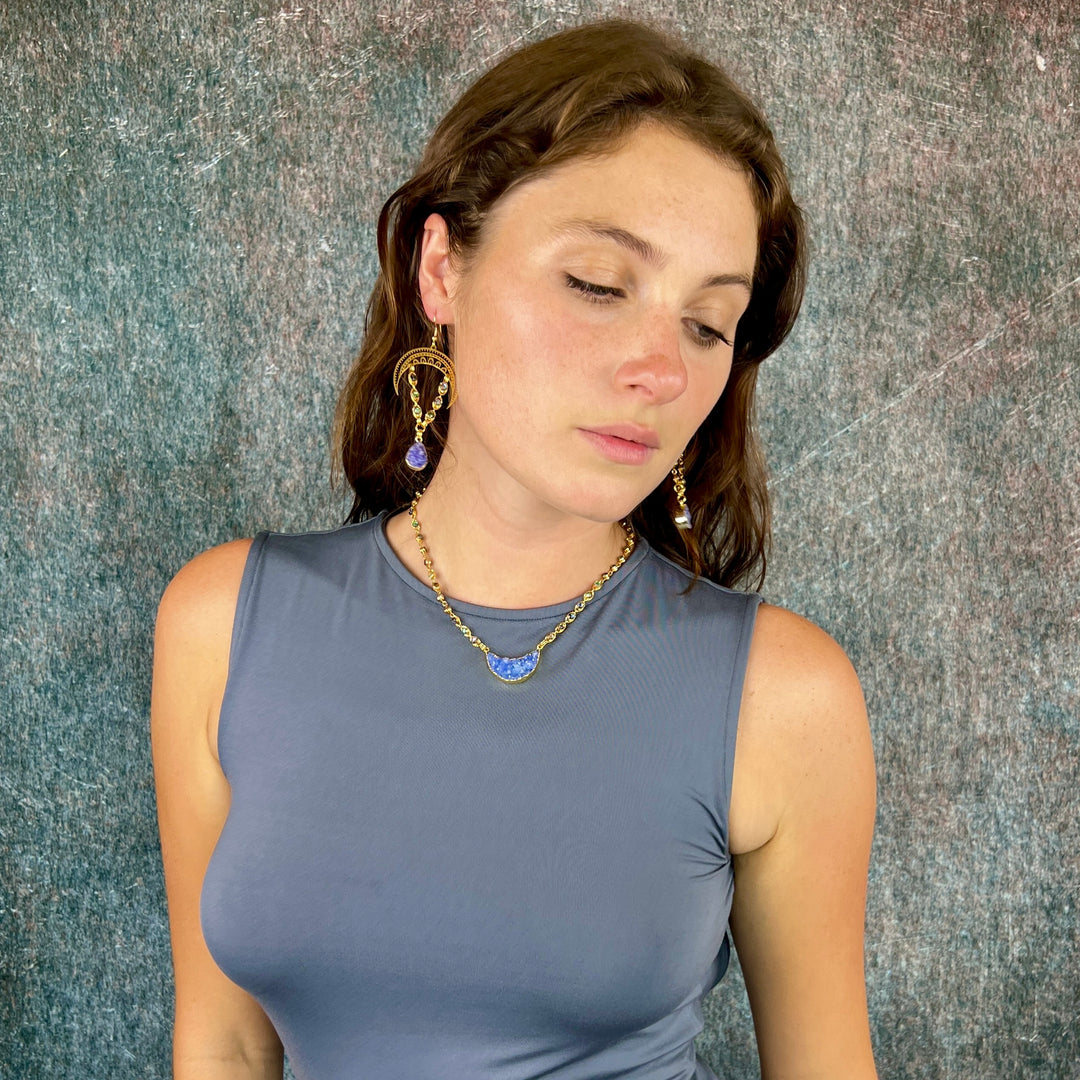Tassel Crescent  Druzy Gold Earrings