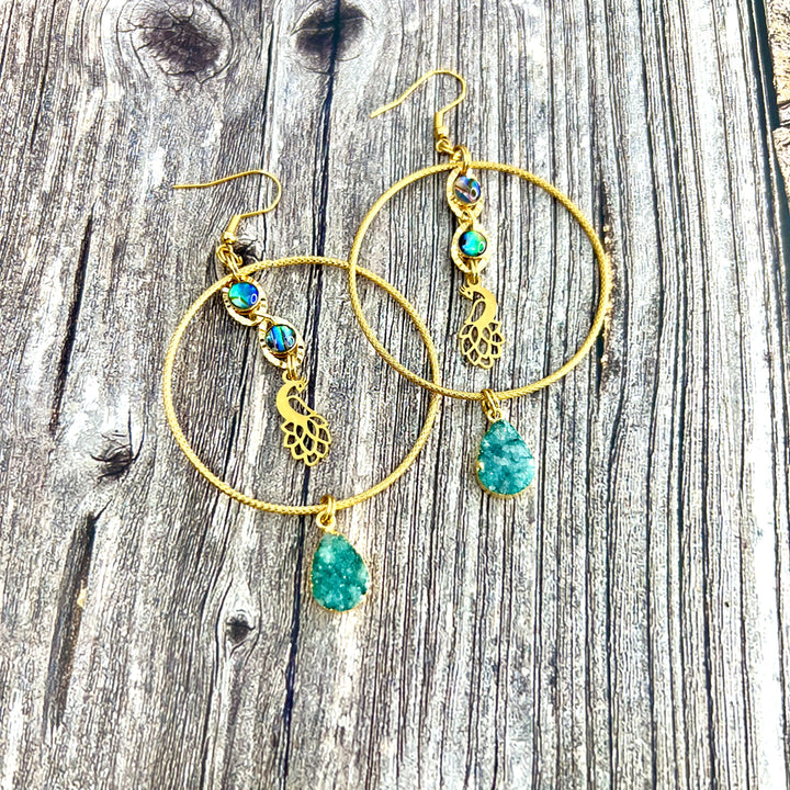 Peacock Shell Druzy Hoop Earrings