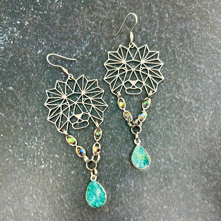Geometric Lion Druzy Steel Earrings
