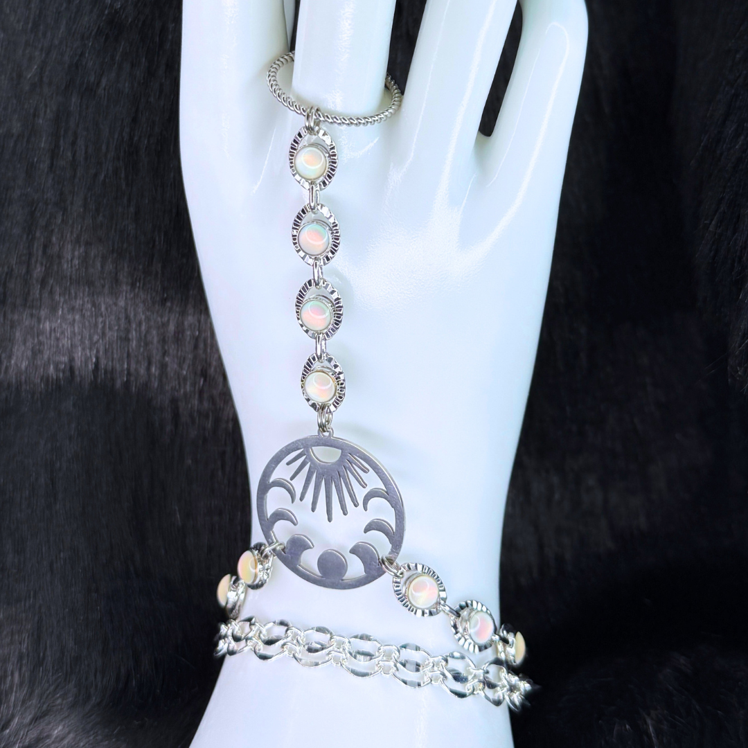 White Silver Sun & Moon Hand Chain Duo