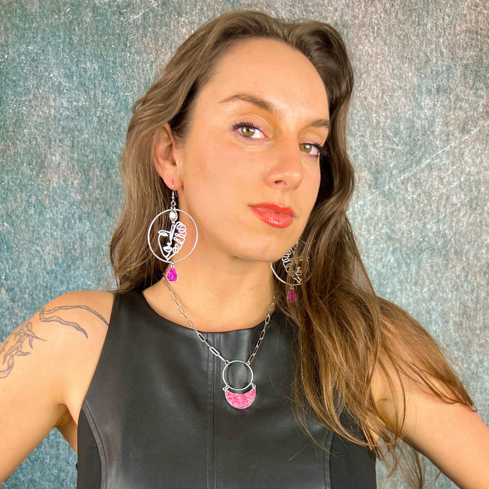 silver woman monstera earrings