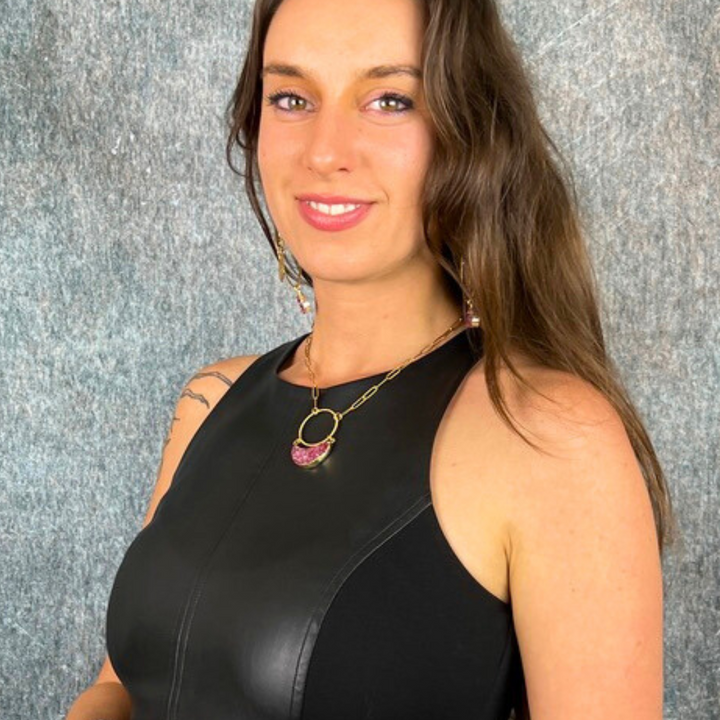 Fuchsia Druzy Crescent Gold Necklace