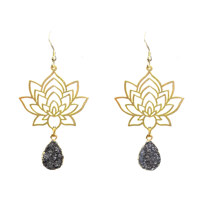 Brass Lotus Flower Druzy Earrings