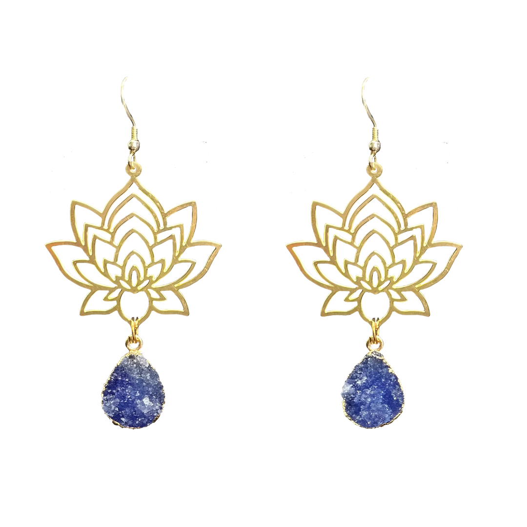 Brass Lotus Flower Druzy Earrings