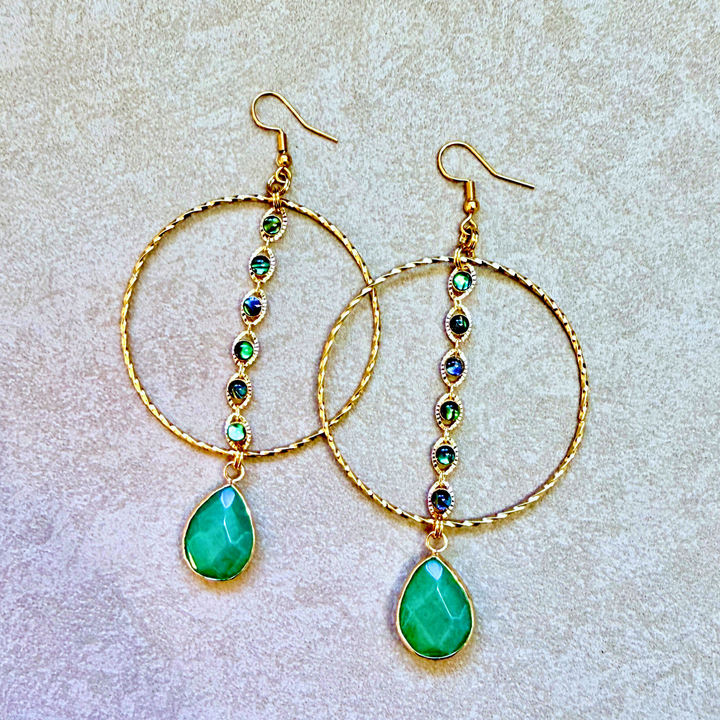 Large gold hoops iridescent Abalone shell with vivid green chrysoprase. 18K gold electroplated stainless steel, they are hypoallergenic, and tarnish resistant, 